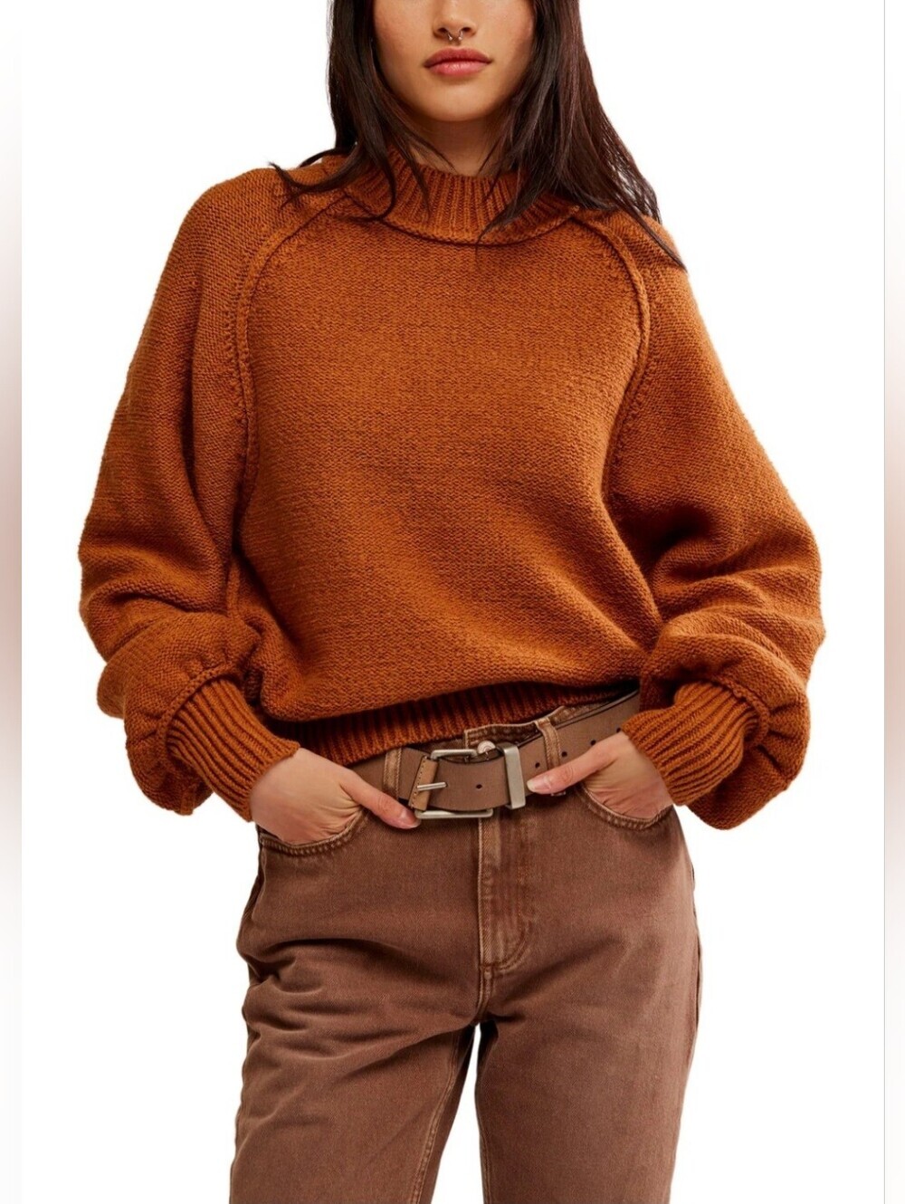 Free People NWT Brown Balloon Sleeve Mock Neck Knit Sweater Women's L